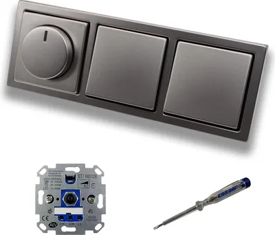 Produktbild von REV Ritter LED Drehdimmer Dimmer + Busch Jäger Dimmerscheibe 6540-866-102 und 2 x Lichttaster 2020 US in PUR Edelstahl inklusive EBROM Phasenprüfer zur Montage der Geräte ET1 66012B