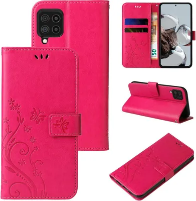Produktbild von Handyhülle für Samsung Galaxy A22 (4G) Floral Blumen Schmetterling Flip Cover Hülle Case Klapphülle Handytasche Farbe: Pink