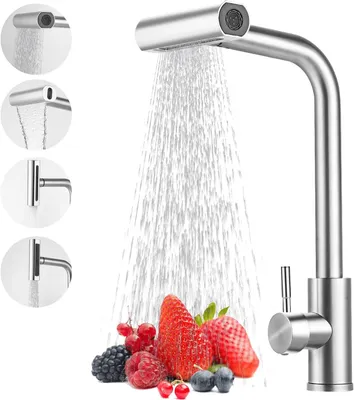 Produktbild von Küchenarmatur mit Ausziehbrause – 360° drehbare Edelstahl-Küchenarmatur mit 4 Strahlarten, Küchenarmatur mit Ausziehbrause für Spülbecken