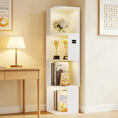 Productafbeelding van Vitrine met 3 LED-verlichting, 4-laags boekenkast, bewegingssensor, wit