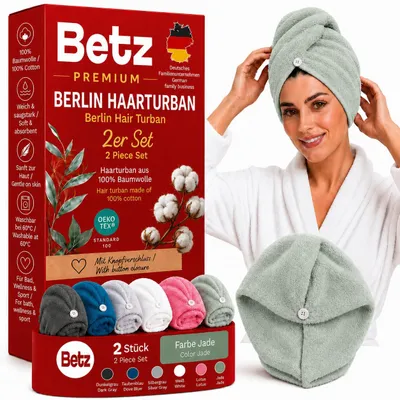 Produktbild von Betz Frottee Turban Berlin – 2er Set Haarturban aus 100% Baumwolle – Turban Handtuch mit Knopfverschluss – ideal für Bad & Wellness Farbe Jade