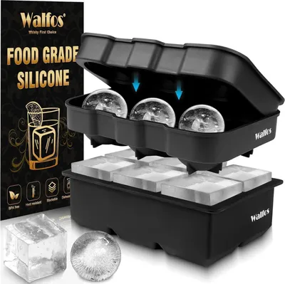Produktbild von Silikon Eiswürfelbehälter Set Kugel & Groß Quadratisch BPA-frei Whisky Cocktails 2er Pack