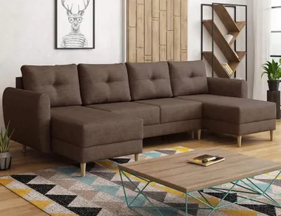 Produktbild von Easy4You Braun Ecksofa Manstad in U-Form 305x95x145 cm mit Schlaffunktion und Bettzeugbehälter - Schlafsofa mit Bettkasten und Holzfüße - Eckcouch mit Stauraum - Stoff: Lux 12
