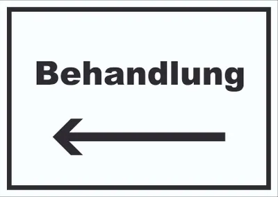 Produktbild von Behandlung Schild mit Text und Richtungspfeil links Behandlungsraum waagerecht A4 (210x297mm)