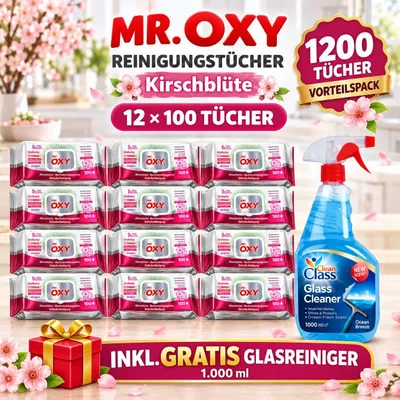 Produktbild von Mr Oxy Oberflächen-Reinigungstücher Kirschblüte – 12er Set, 12 x 100 Tücher + 1 Gratis-Glasreiniger