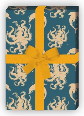 Produktbild von Tolles maritimes Delfin Geschenkpapier mit Tintenfischen,blau - G10107, 32 x 48cm