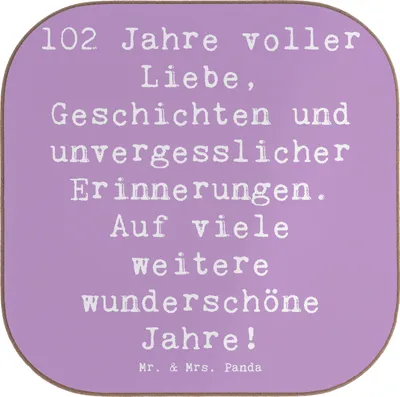Produktbild von Mr. & Mrs. Panda Untersetzer für Gläser Spruch 102. Geburtstag - Lavendeltraum - Geschenk, Geschichten, Langlebigkeit, gläseruntersetzer, Geburtstagsfeier, Leben feiern