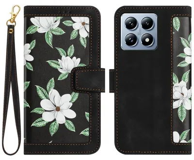 Produktbild von Für Xiaomi 14T Kunstleder Wallet Handy Tasche Blumen Design Hülle Etuis Schwarz