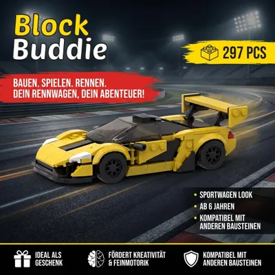 Produktbild von BlockBuddie™ P1 GTR Gelb Schwarz inspiriertes Klemmbaustein Auto mit 297 Teilen – Sportwagen Modellbausatz