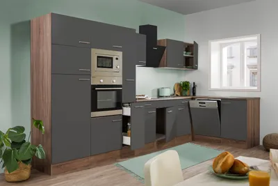 A modern kitchen with gray cabinets and wood accents, featuring integrated appliances and a window.