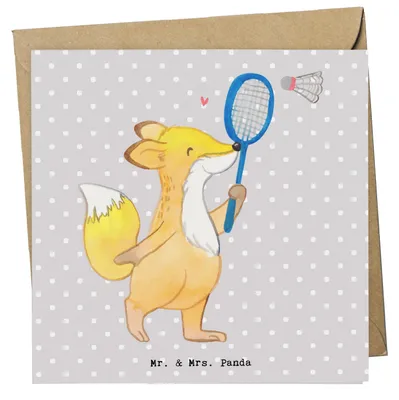 Produktbild von Mr. & Mrs. Panda Grußkarte Fuchs Federball spielen - Grau Pastell - Geschenk, doppelkarte, Badminton, Sport, faltkarte, anlasskarte, Glückwunschkarte, Klappkarte