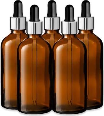 Produktbild von 5x Braune Glasflasche 100 ml mit silberner Aluminiumpipette für Öl Set