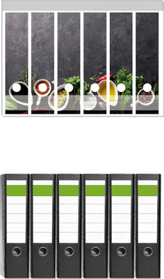 Produktbild von Wallario 6 Stück breite Ordner inkl. Klebeetiketten mit Motive Gewürze, Essig und Öl auf einer dunklen Steinplatte -  Set mit Rückenschildern / Ordnerrücken Stickern