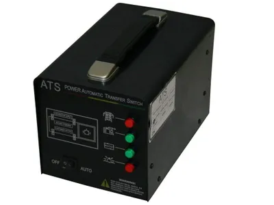 A black automatic transfer switch (ATS) with a handle on top, displayed against a white background.