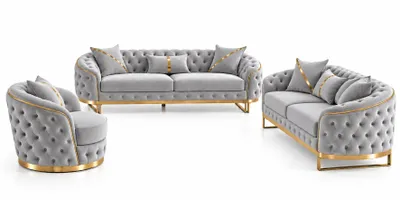 Produktbild von Sofa -Set MIRA mit Knopfheftung in 5 edlen Farbvarianten 3-Sitzer + 3-Sitzer + Sessel Farbe: Hellgrau