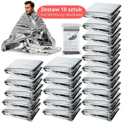 Zdjęcie produktu dla Zestaw 10 koców ratunkowych 130x210 cm – termiczna folia mylarowa, srebrna