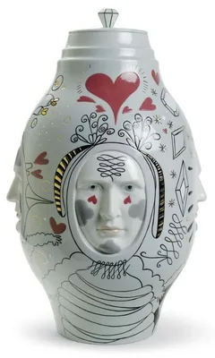 Produktbild von Casa Padrino Designer Porzellan Vase mit Deckel Grau / Mehrfarbig Ø 27 x H. 39 cm - Handgefertigtes & Handbemaltes Luxus Deko Objekt