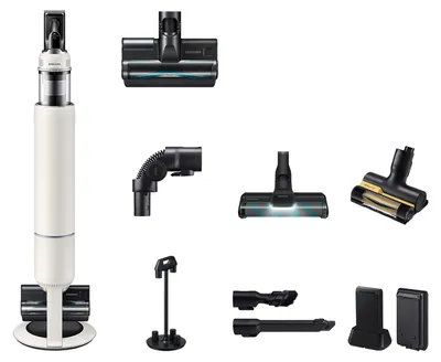 Produktbild von Samsung Bespoke AI Jet 100 mit All-in-One Clean Station, 770 W Motorleistung, Santorini Beige, 2-in-1-Stabstaubsauger, Beutellos, Schwarz, Weiß, 0,5 l, Santorini Beige, Trocken