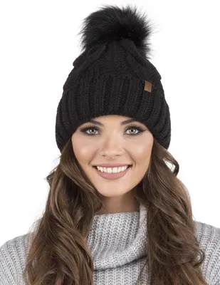 Immagine prodotto di Cappello a maglia da donna Vivisence - copricapo con pompon per l'inverno e l'autunno - cappello con pompon caldo cappello invernale da donna a maglia spessa - nero