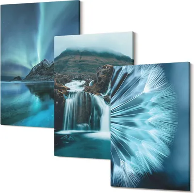 Produktbild von Leinwandbilder – Wandbilder – Leinwandbild – Canvas Bild – Polycanvas – Kunstdruck – – Modern – Aufhängefertig – Mehrteilig – 3-Teilig – 20x30 Cm Pro Bild - Winterlandschaften mit Wasserfällen und Nordlichtern