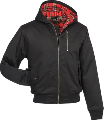 A black hooded jacket with a red plaid lining is shown against a white background.