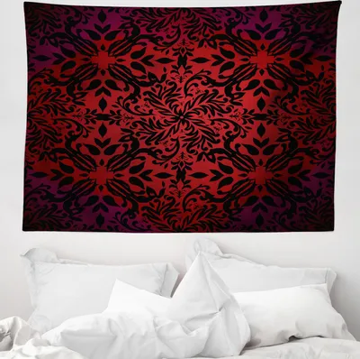 Image de Tapis mural ABAKUHAUS rouge et noir, fleurs orientales et feuilles, en microfibre douce, lavable sans décoloration, impression numérique, 150 x 110 cm, vermillon et noir