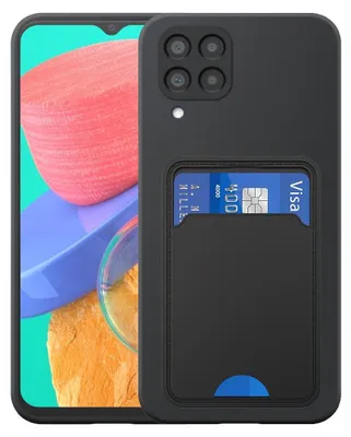 A black phone case with a card slot is shown on a white background, with a smartphone partially visible on the left.