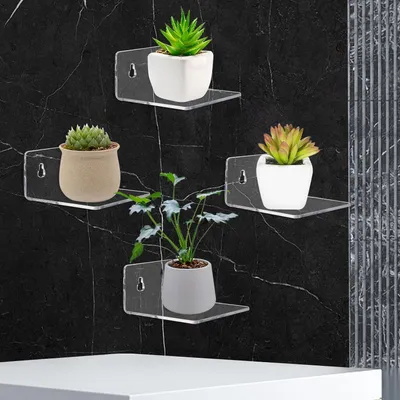 Immagine prodotto di 4 pezzi piccoli acrilico galleggiante set 10 cm chiaro autoadesivo display invisibile scaffali con 8 viti 8 adesivi pianta scaffale quadrato senza foratura
