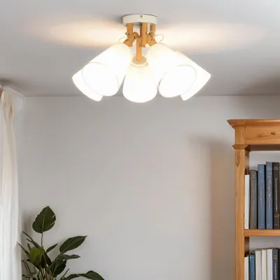 Produktbild von Deckenleuchte Weiß Creme E27 Stoff Holz Skandinavisch Deckenlampe