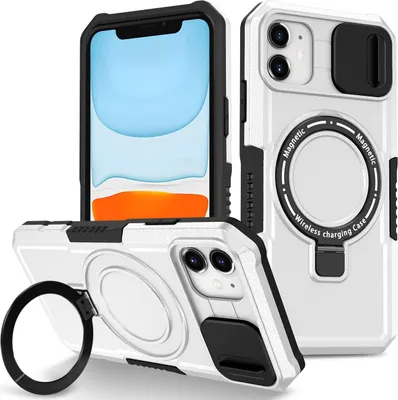 A white iPhone case with a magnetic ring stand and camera cover is displayed from multiple angles.