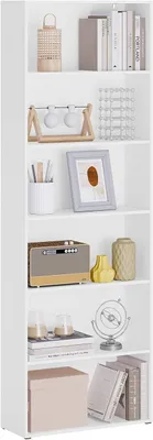 A tall, white, open bookshelf filled with various decorative items and books.