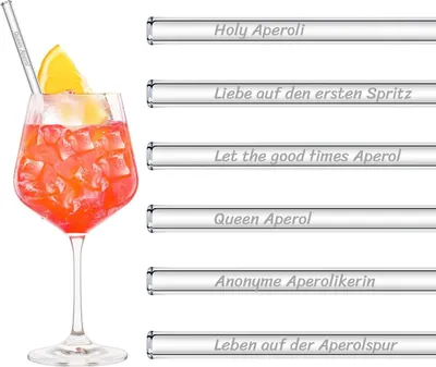 Produktbild von HALM Aperol Spritz Sprüche Glasstrohhalme Holy Aperoli 6x 20 cm kurz - Edition Geschenk - lustige Trinksprüche graviert inkl. Bürste Glasstrohhalm