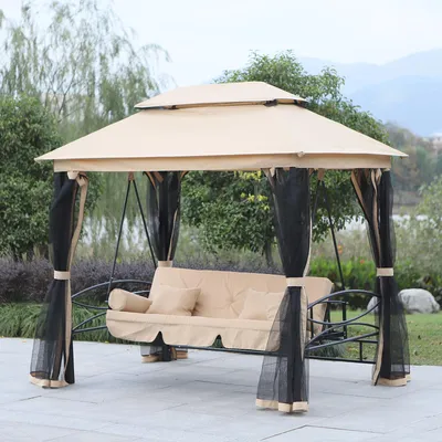 Produktbild von 3-Sitzer Hollywoodschaukel mit Liegefunktion, Gartenschaukel mit Moskitonetz, Schwingliege inkl. Polster, Schwarz, Stahl, 256 x 172 x 248 cm, wetterfe