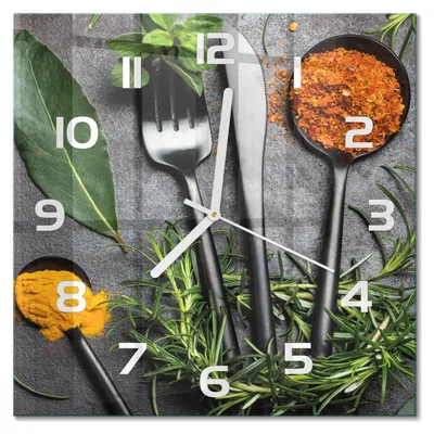 Produktbild von Glas Wanduhr 30x30 cm - Wanduhr - lautlose Wanduhr - ohne Ticken - geräuschloses Uhrwerk - schleichende Zeiger - moderne Uhr - Design Uhr - Wohnzimmer Uhr - Besteck und Gewürze
