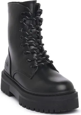 A black leather lace-up boot with a thick platform sole is shown against a white background.