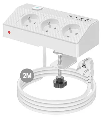 Zdjęcie produktu dla Listwa gniazd elektrycznych do biura, PASSUS 7-w-1, listwa z 3 francuskimi gniazdami typu A