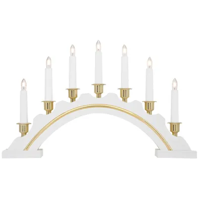 A white arch-shaped candle holder with seven electric candles and gold trim, set against a white background.
