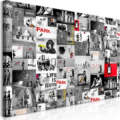 Produktbild von Wandbild Mega XXXL Banksy Collage 250x125 cm Einteiliger XXL-Format Kunstdruck zur Selbstmontage Leinwandbilder moderne Bilder DIY Wanddekoration Wohnung Deko Street Art Graffiti i-C-0182-ak-e