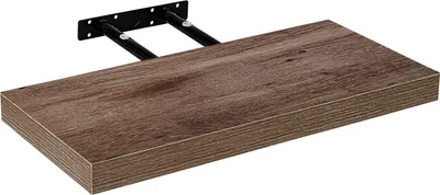 A floating shelf with a wood-grain finish and black metal brackets is shown against a white background.