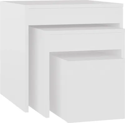 Three white nesting tables of different sizes are stacked together.