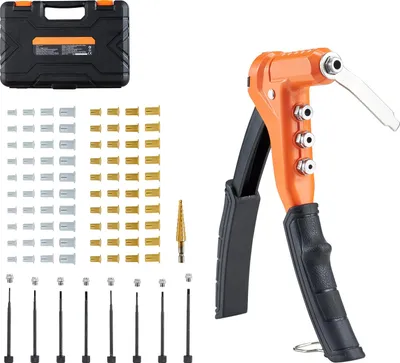 Produktbild von Nietmutternzange Set 23 cm, Einhandbetrieb Nietzange mit 8 Dornen & 1 Stufenbohrer & 80 Muttern in metrischen und SAE-Größen M3, M4, M5, M6, 6-32