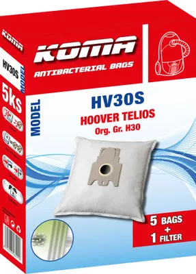 The image shows the packaging of KOMA vacuum cleaner bags, with a vacuum cleaner bag and filter prominently displayed.