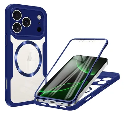 A blue and clear iPhone case with a magnetic ring is shown, with the phone and screen protector separated.
