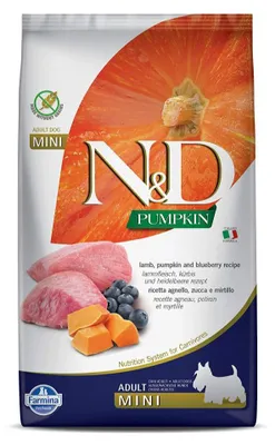 Obrázek produktu pro Suché krmivo pro kočky FARMINA N&D GF PUMPKIN ADULT MINI jehněčí 2x2,5kg