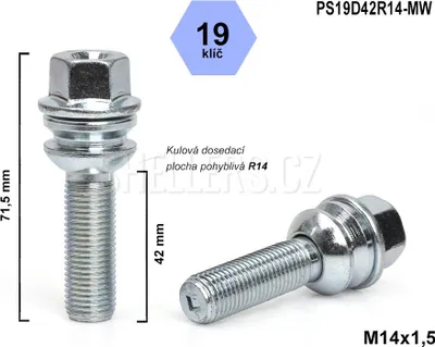 Obrázok produktu pre Skrutka kolesa M14x1,5x42 guľa R14 pohyblivá, kľúč 19, PS19D42R14-MW, výška 71,5