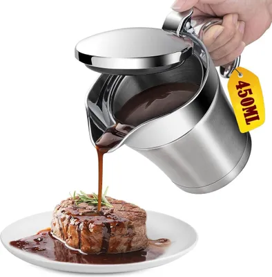 Produktbild von 450ml Premium Edelstahl Thermo Sauciere | Doppelwandig mit Klappdeckel | Für Abendessen Restaurants Partys