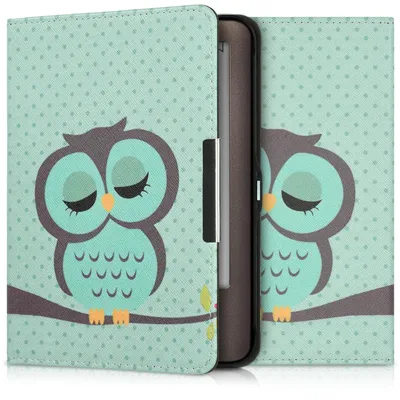 Produktbild von kwmobile Schutzhülle für Tolino Shine (2013) Hülle - eReader Flip Case mit Auto Sleep Funktion - Eule Schlaf mit Türkis Braun Mintgrün