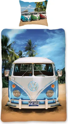 A bedding set featuring a vintage Volkswagen bus on a beach.