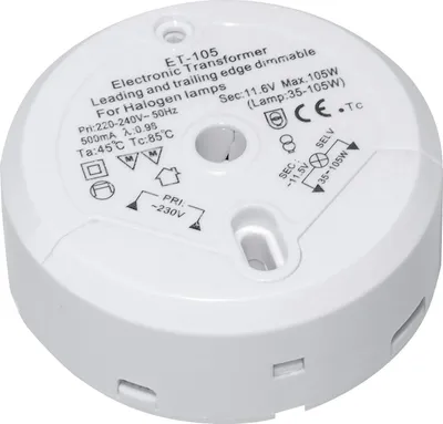 A white electronic transformer for halogen lamps is shown from a top-down perspective against a white background.