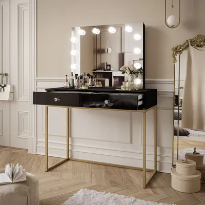 Produktbild von Schminktisch BLANCO GOLD ELITE mit Spiegel und Beleuchtung Gold matt / Schwarz hochglanz, mit Kristallgriff